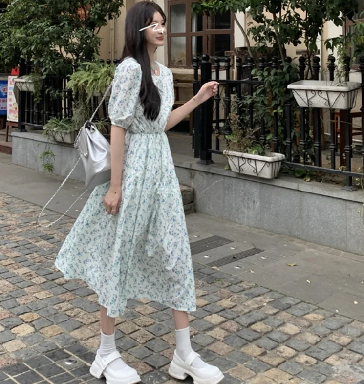 

Summer oversized women's clothing with a college style short sleeved tea break French dress, floral long dress M-4XL 100KG