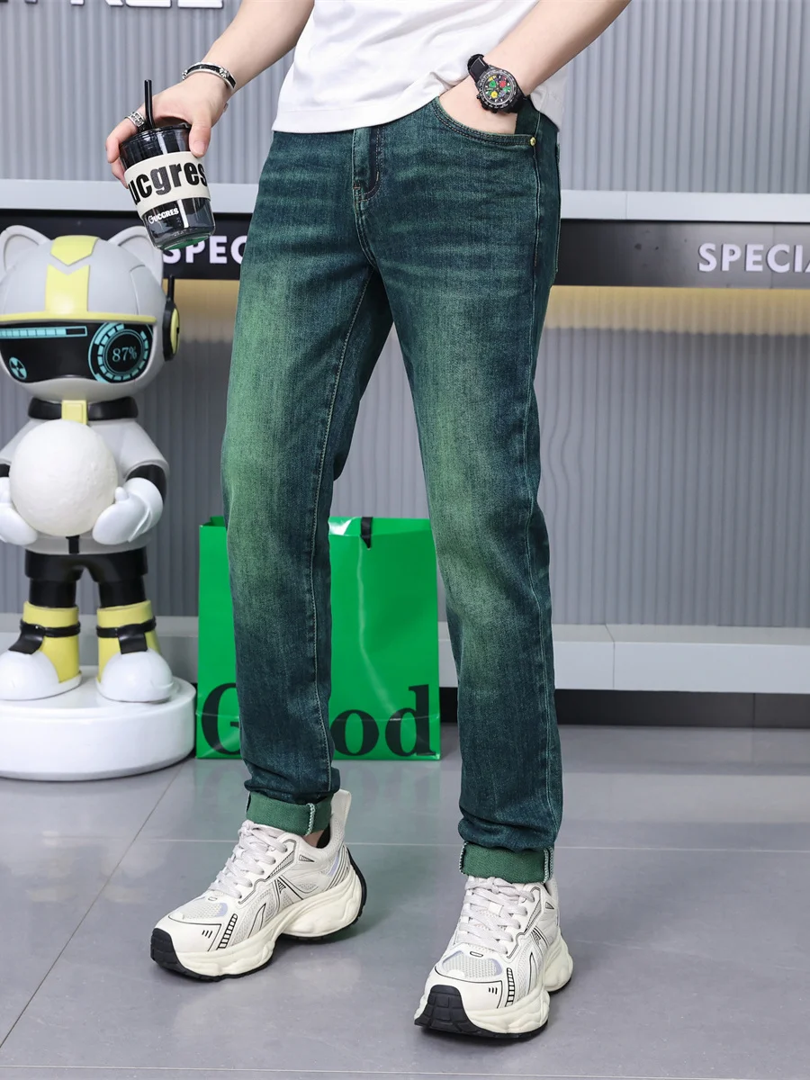 

High-End Retro een Nine-Piece Men's Jeans Slim Fit European Sle Spring Autumn New Long Pants Cotton Elastic Denim Fabric