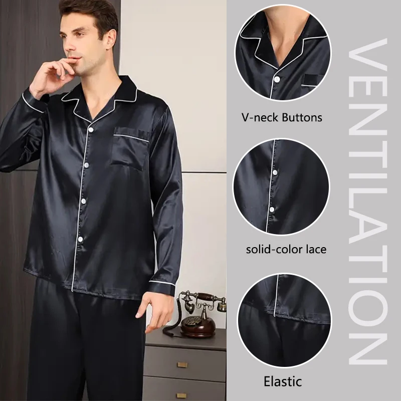 Solid Long-Sleeved Pajamas Men's Spring and Fall Silk Korean Nightwear Homewear Set Buttons Cardigan Sleepwear Loungewear