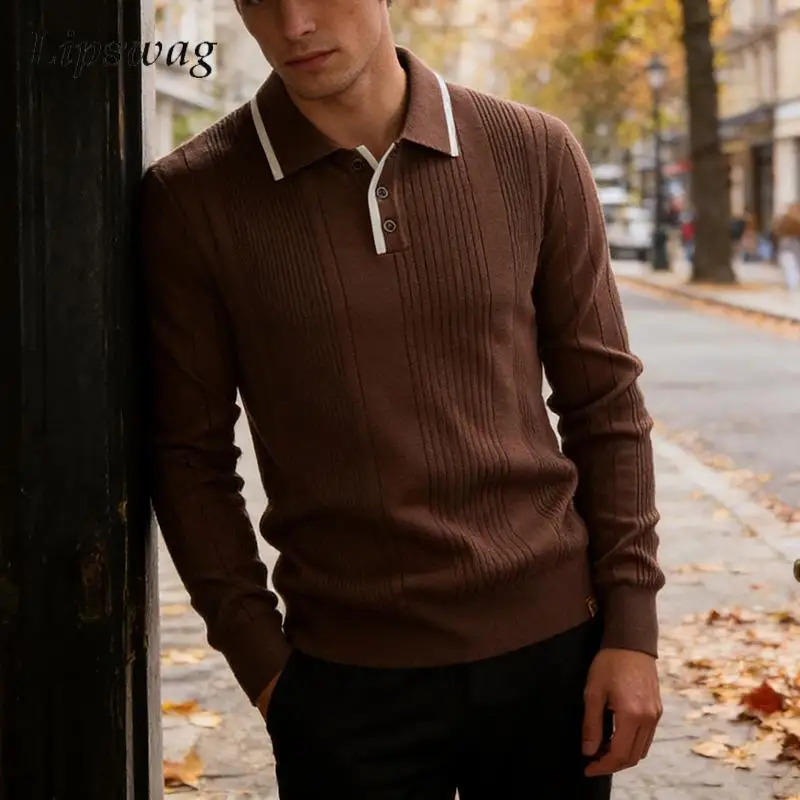 Vintage Knitting Polo Sweater For Mens Winter New Casual Striped Lapel Long Sleeve Knit Sweaters Men Spring Stylish Polo Shirts