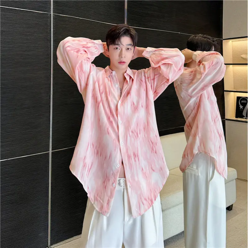 

Autumn Men's Long Sve adient Color Blu irt Casual Faionable Design High-End Feeling Printed Polyester Blend irt