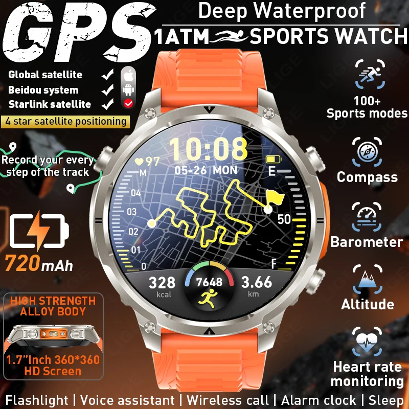 

Умные часы LIGE GPS с HD-экраном 1,7 дюйма, аккумулятором 720 мАч, встроенным компасом, барометрическим альтиметром, фонариком, Bluetooth, голосовыми вызовами и поддержкой более 100 видов спорта