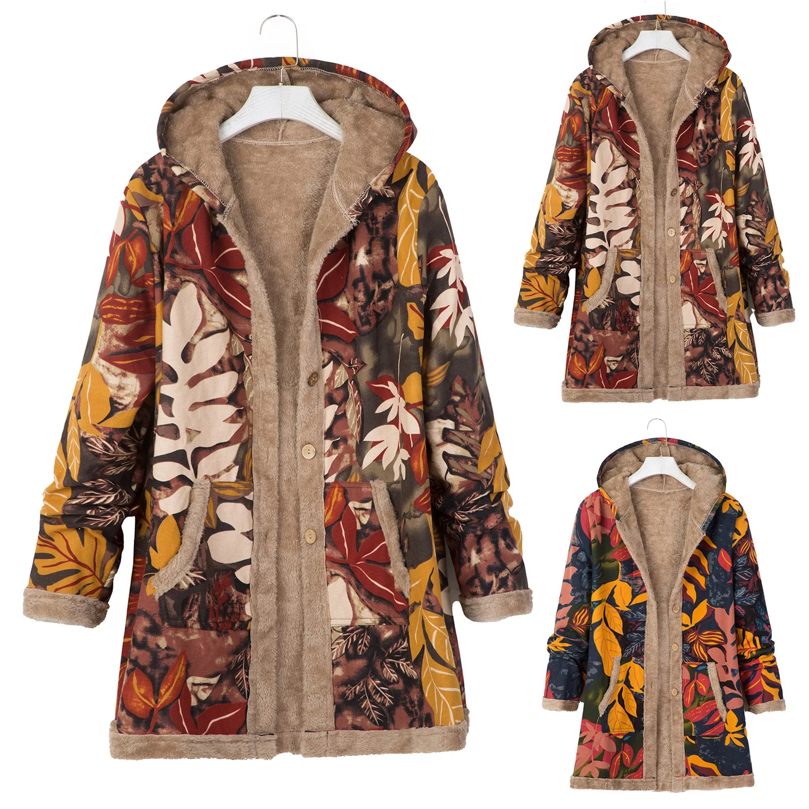 Women Fashion Ethnic Printing Cardigan Splicing Cotton And Linen Hooded Long Sleeves Mid-Length 2024 Outwear Hot Selling Coat