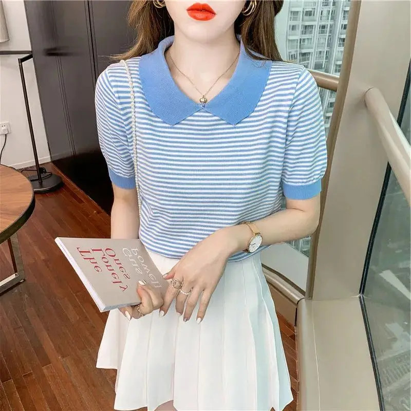 Basic Striped Patchwork Polo-Neck Shirt Loose Korean Striped Female Clothing Casual Short Sleeve Summer Stylish Knitted Blouse