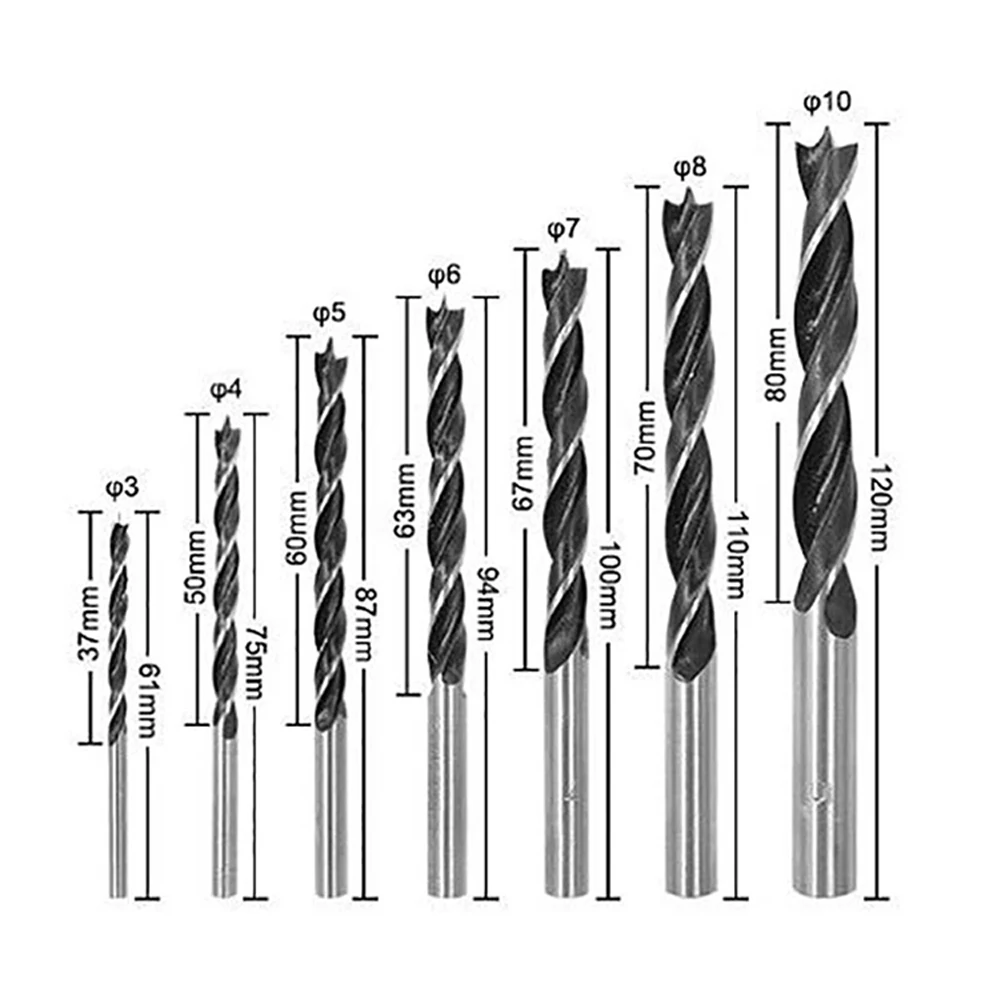 Round Shank Drill Bits Woodworking Drill Woodworking Drilling White/Black 3mm-10mm 7Pcs Set Round Shank Three Point