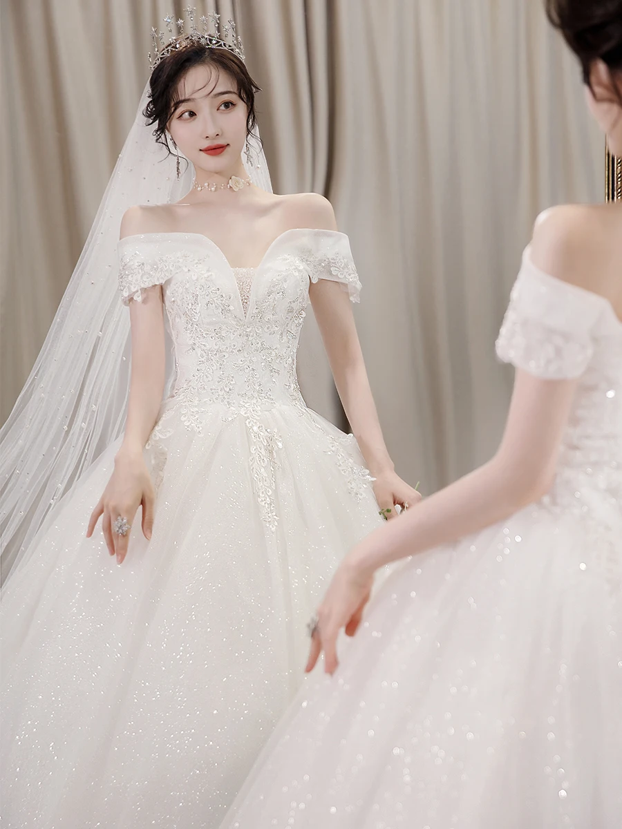 2023 semplice ed elegante abito da sposa scollo a barca con spalle scoperte abito da sposa in pizzo con paillettes Vestido De Noiva Plus Size realizzato su misura