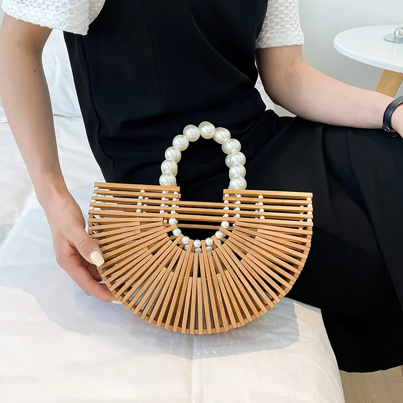 High Quality Handmade Bamboo Handbag Pearl Handle Design Women Hollow Out Beach Bag Summer Vacation Woven Straw Bag Female Bag