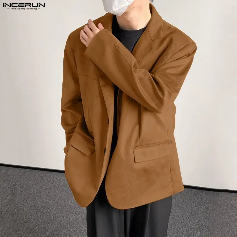 INCERUN Men Blazer Solid Color Lapel Long Sleeve Button Casual Suit Men Streetwear Loose Fashion Leisure Male Thin Coats S-5XL