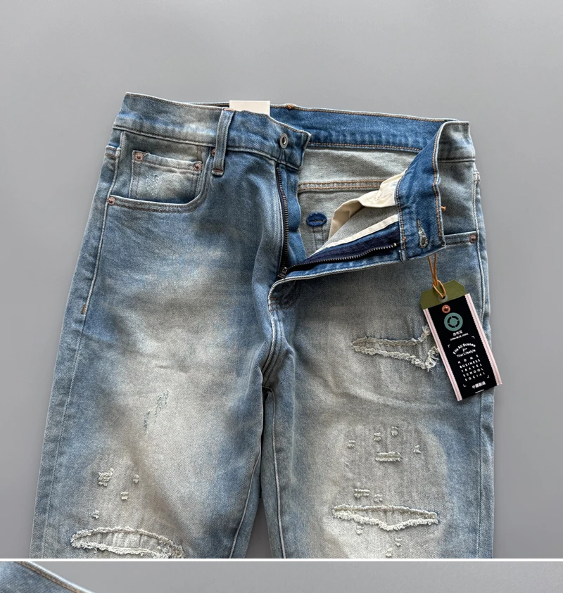 Lichte stretch voor comfort Heren Distressed Patch Slim Tapered Denim Jeans met rechte pijpen Dikke herfst/winter gewassen vintage