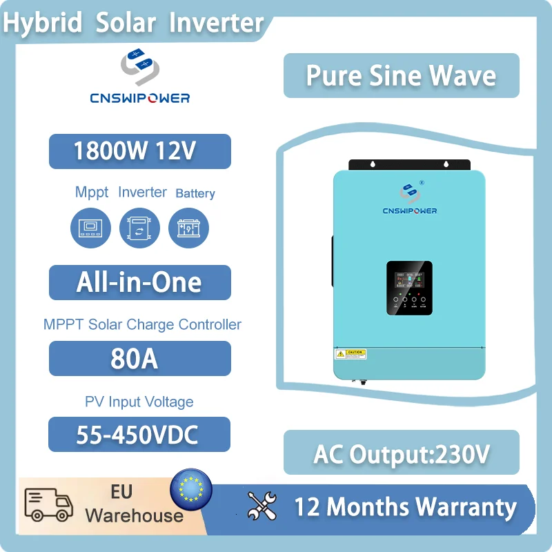 CNSWIPOWER 2200VA 1800W Onduleur hybride à onde sinusoïdale pure avec chargeur solaire MPPT 80A DC12V vers AC230V