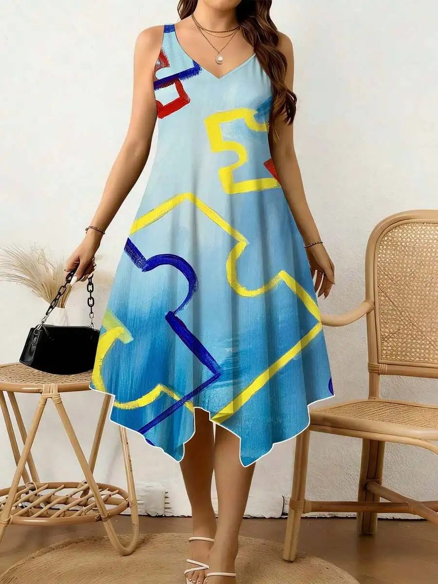 

Women V Neck Irregular Hem Dress With Colorful Puzzle Print Summer Casual Beach Vacation Outfit