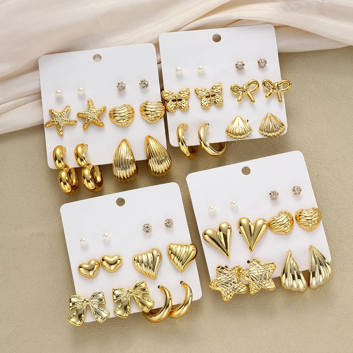 48 Pcs Vintage Gold Color Earring Set For Women Fashion Heart Bow Starfish Butterfly Geometric Smooth Earrings Daily Jewelry New