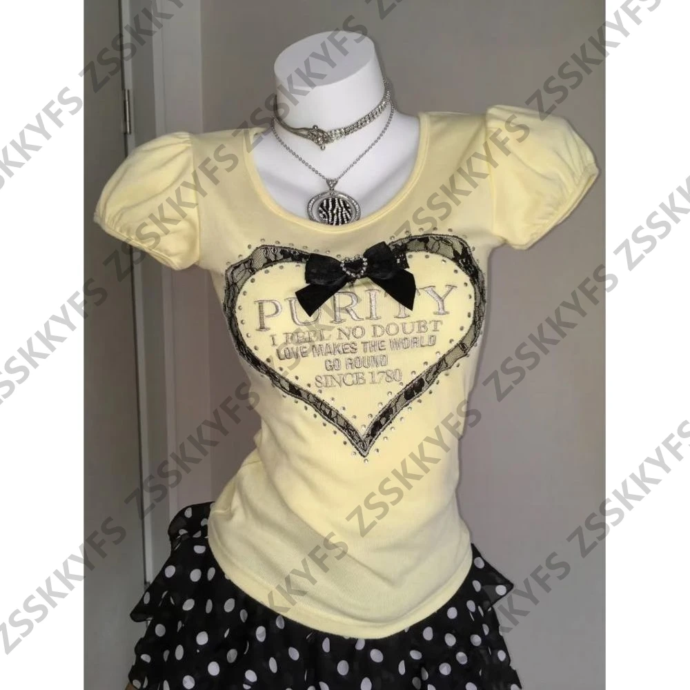 Himekaji Japanisches Mädchen-T-Shirt mit Schleife für Damen, Sommerliches Süßes Kurzarm-Oberteil, Y2k-Kleidung, 2000er Casual Tees, Kawaii