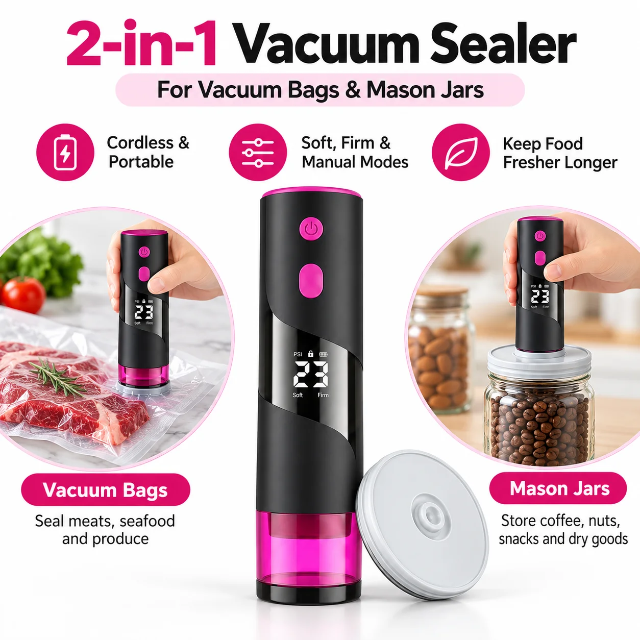 2 in 1 Handheld Vacuum Sealer with Mason Jars and Storage Bags ,lightweight and cordless, for Home and Outdoor Camping