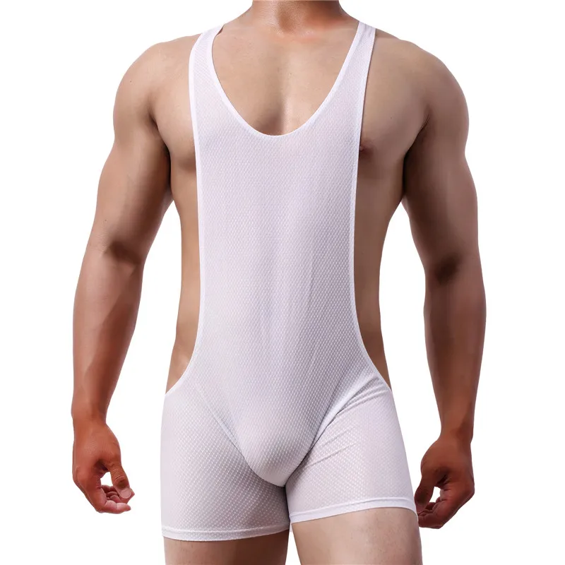 Sexy Mens Stretch Breathable Bodysuit Sport Gym Fitness Jumpsuit Bulge Pouch One Piece Leotard Wrestling Singlet Gay Underwear