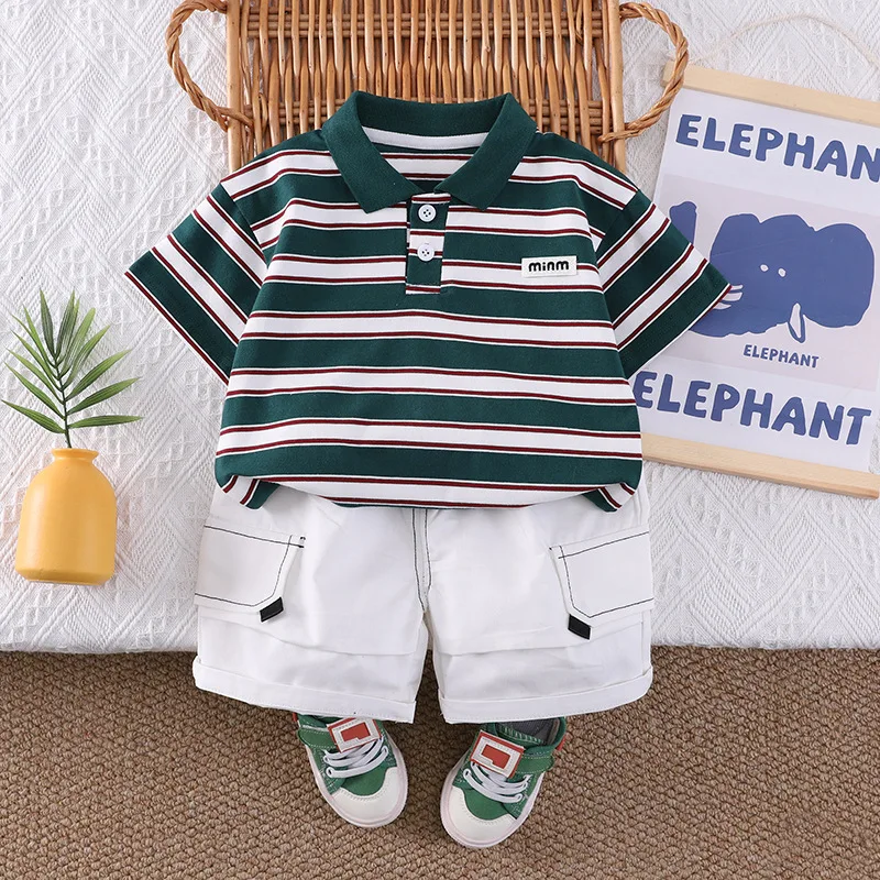 Toddler Boys Summer Outfits 0-5 Years Casual Striped Turn-down Collar Short Sleeve T-shirt and Shorts 2 Piece Set Infant Clothes