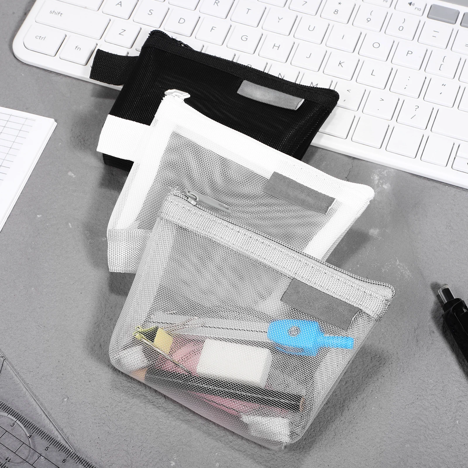 3 Pcs Coin Purse Lightweight Mesh Pouches Black White Gray Zipper Bags for Coins Makeup Bath Accessories Storage