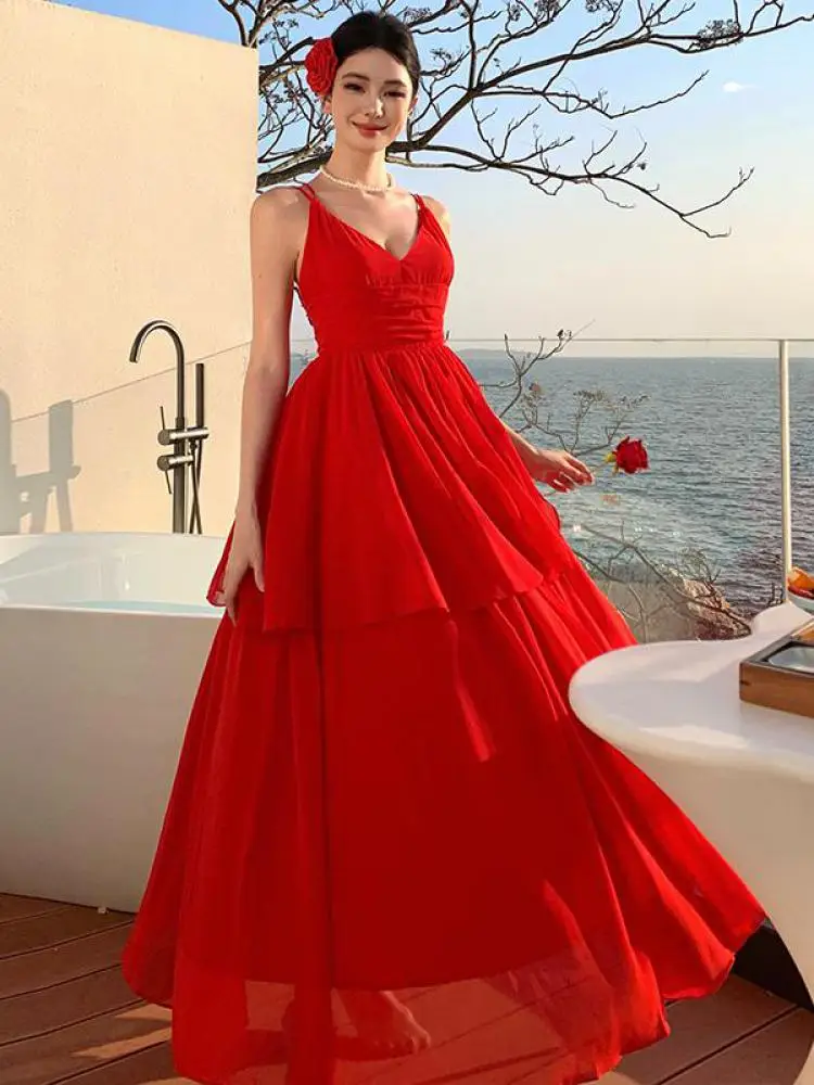 

Women's Red V Neck Elegant High Waist Party Slip Long Dress Summer Sleeveless Backless Vacation Ruffles Pleated Dress Simplicity