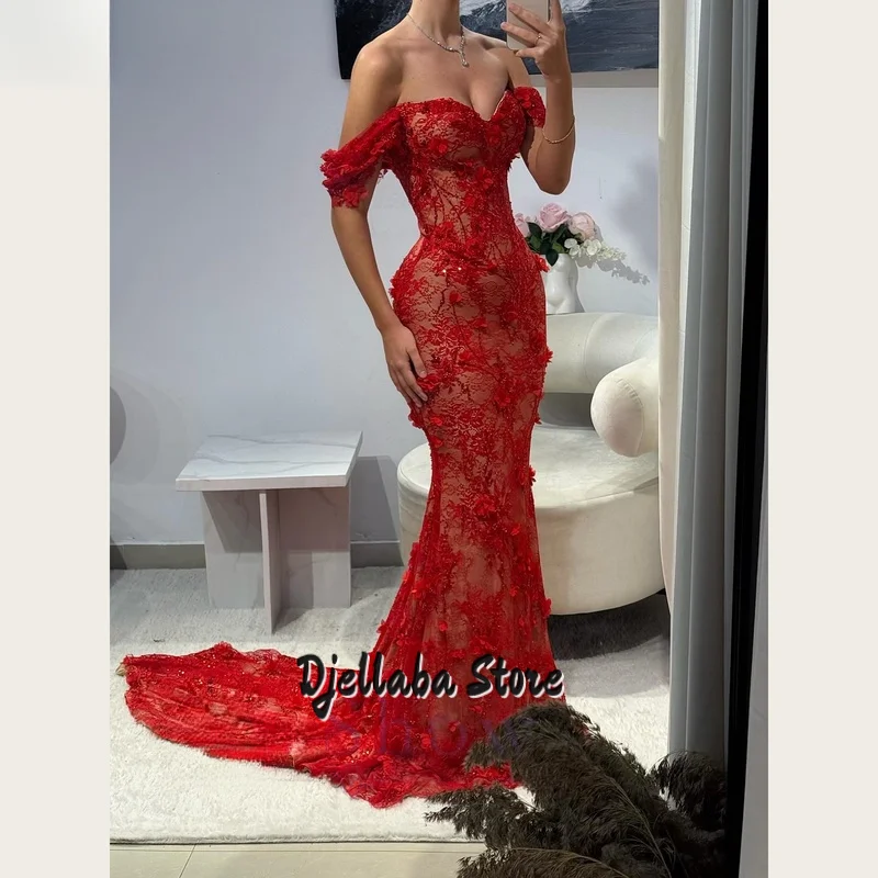 Vestidos de noche de encaje rojo sin tirantes, sexy, con cuello en V y hombros descubiertos, tren de encaje floral, vestido de fiesta de sirena, vestidos formales personalizados