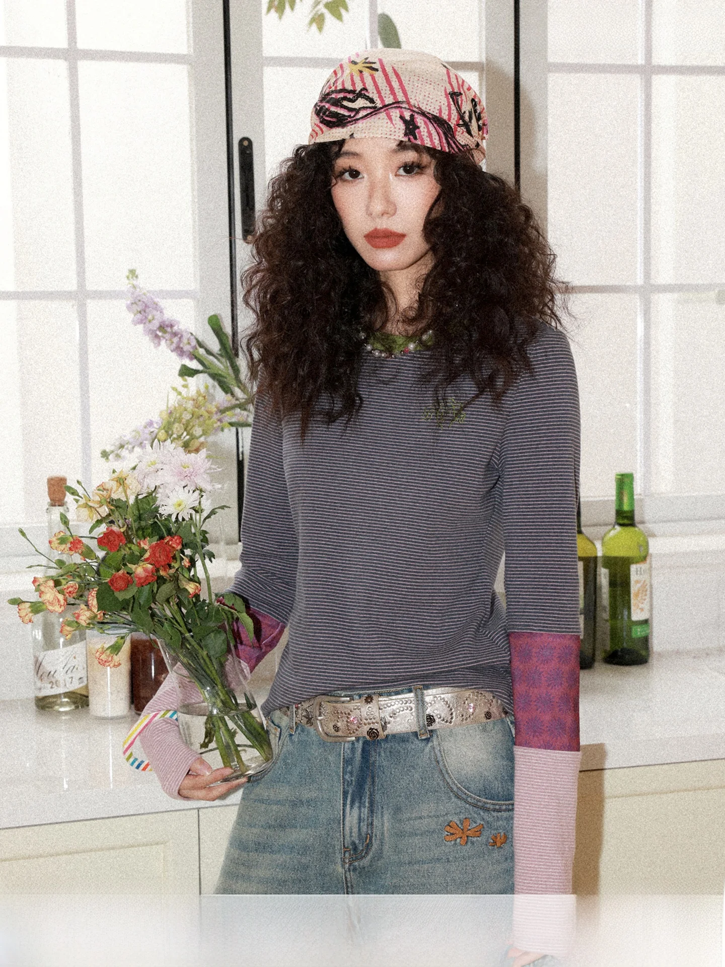 

Женская футболка Chtry Girl с длинными рукавами, облегающая, с лоскутным узором, с цветочным принтом и полосками, повседневный топ из смесового хлопка