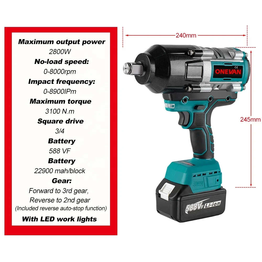 ONEVAN 3100NM Brushless Electric Wrench 3/4 Inch Cordless Impact Wrench 588VF Battery Handheld Power Tool for Makita 18v Battery