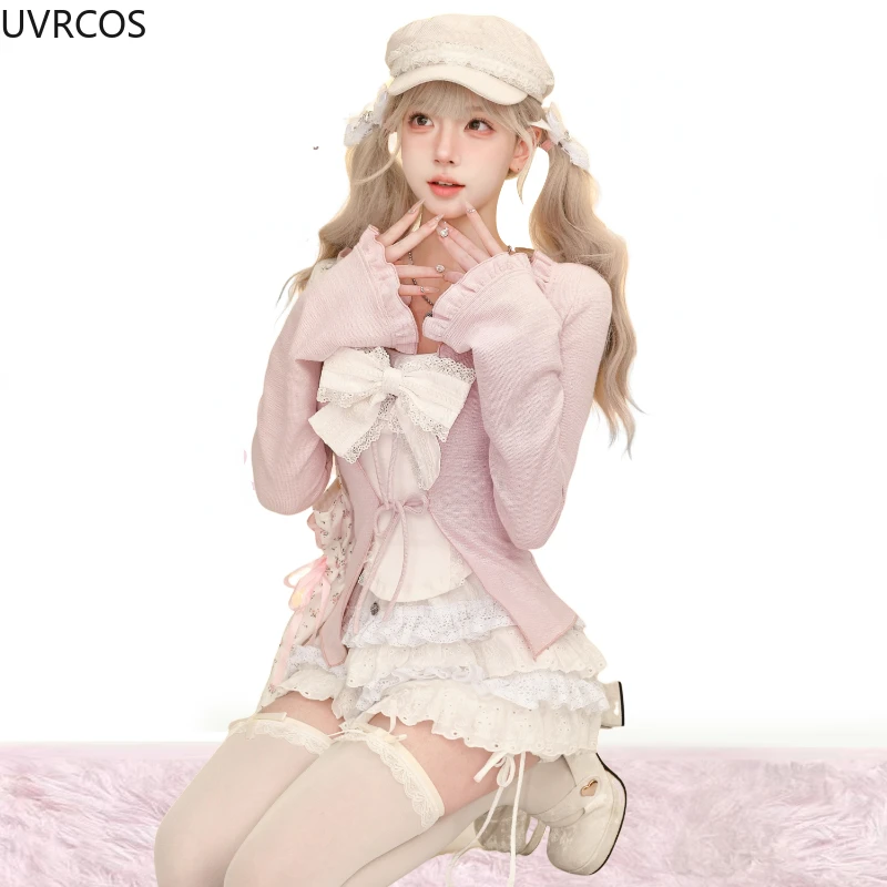 Pink Sweet Lolita Lace Up Ruffles Cardigan+ Sexy Slim Bow Vest Top+ High Waist Kawaii Ruched Skirt Early Autumn Three Piece Sets