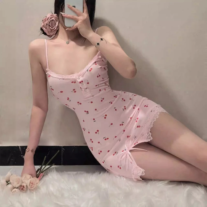 Summer Cherry Pattern Printed Nightgown Suspender Pink Women's Sleep Dress