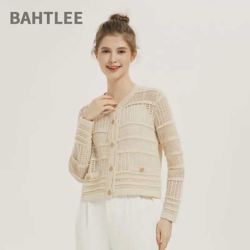 BAHTLEE-Gebreid vest voor dames, wollen jas, trui met ronde-hals, lange mouwen, driedimensionale gestreepte zakknopen, lente