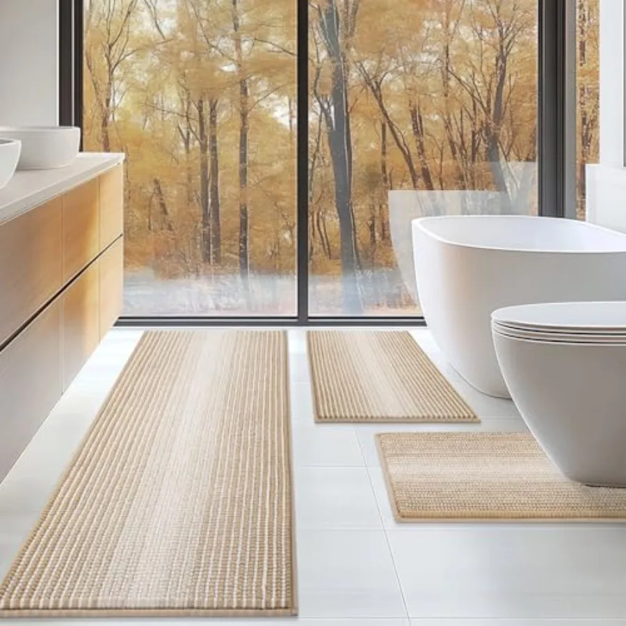 

Bathroom Rugs Sets 3 Pcs Toilet Rugs U-Shaped Contour Bath Mat Set Long Striped Absorbent Non Slip Chenille Shower Mat