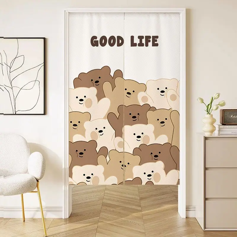 VIKAMA ins Wind-Stacked Bear Japanese-Style Half Curtain, Cartoon Bear Print Fabric Curtain, Privacy Divider, Home Decor