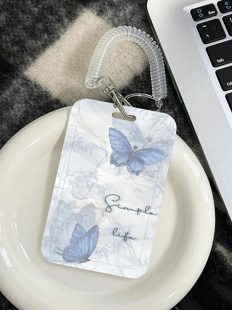 Butterfly Pattern Card Holder with Retractable Spring Cord for Bus Card Protection Cover, Meal Card Cover, Student ID Cover Ect.