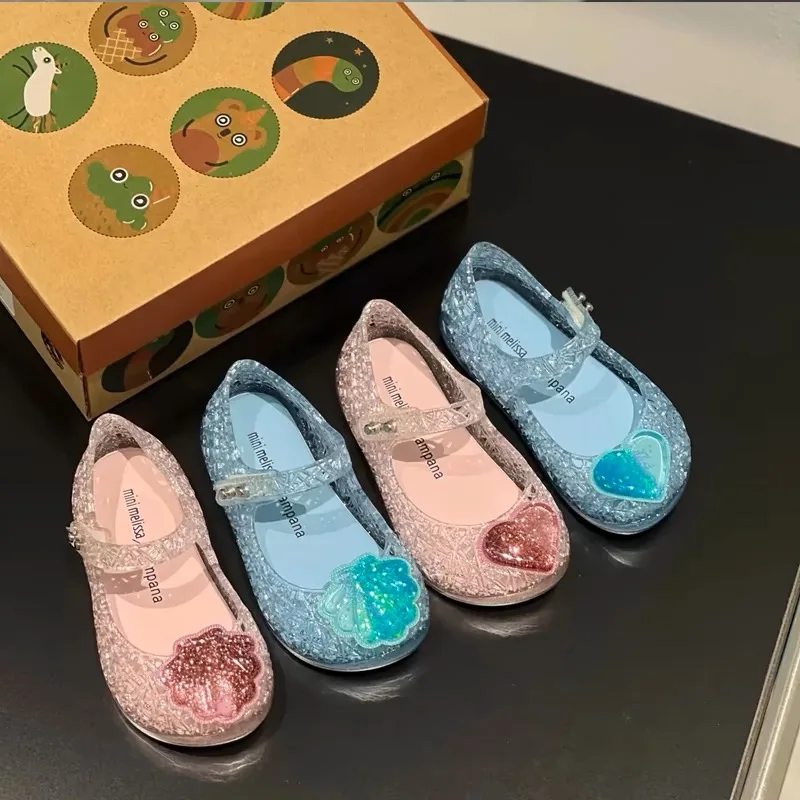 Mini Melissa Kids Shining Shell Hole Shoes Girl's Love Flowing Sand Beach Shoes Children's Soft Sole Single Shoes Princess Toddl