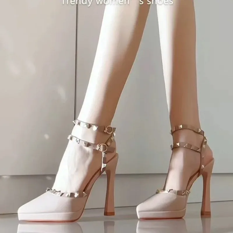 No Tired Feet Nude Super High Heels Women's Block Heel Platform Rivet Fashion Baotou Sandals