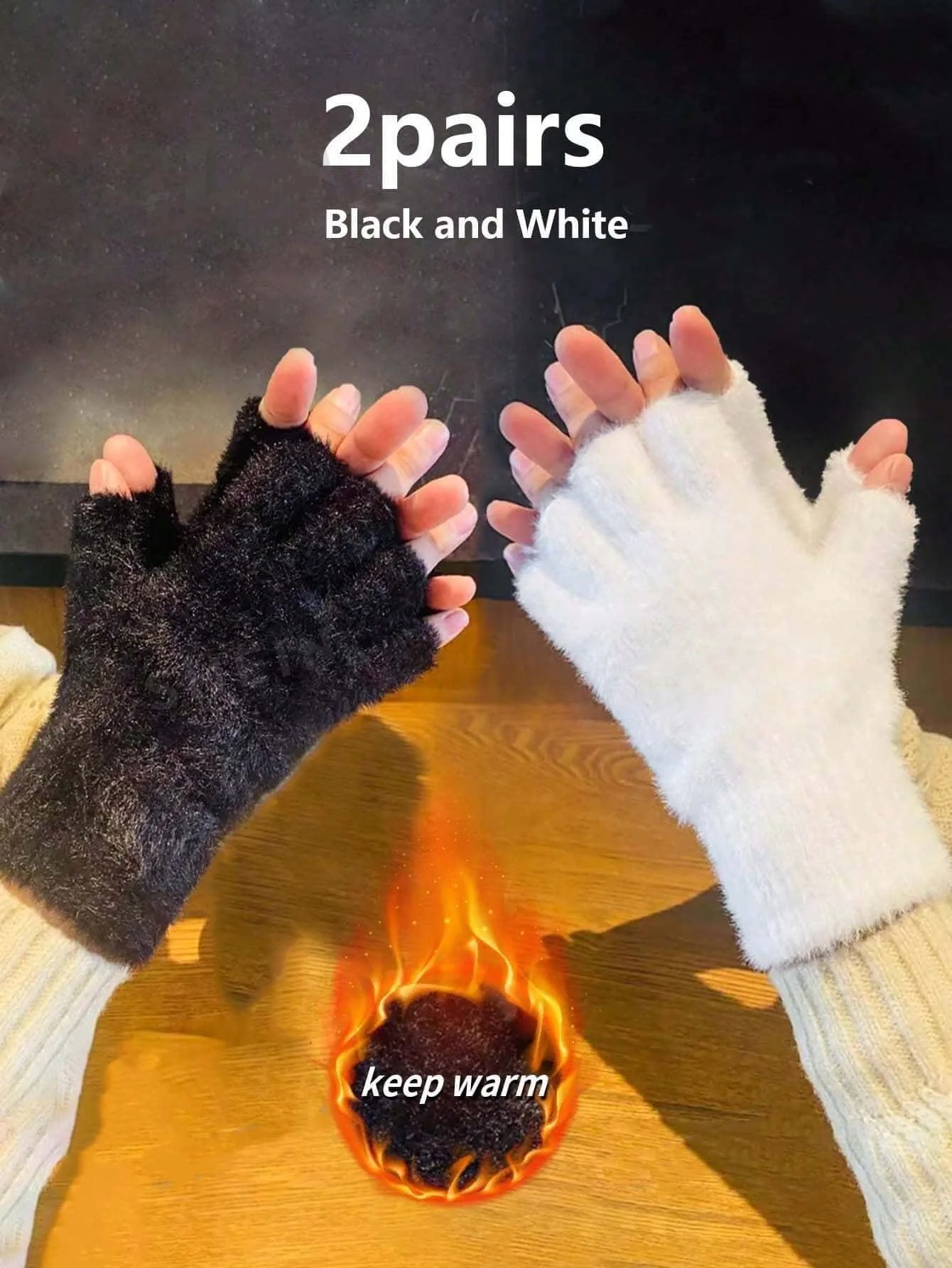 زوجان من القفازات النسائية للجنسين ذات الألوان الصلبة المبطنة بالصوف بدون أصابع - تصميم حراري نصف إصبع لركوب الدراجات والأنشطة الخارجية، #1