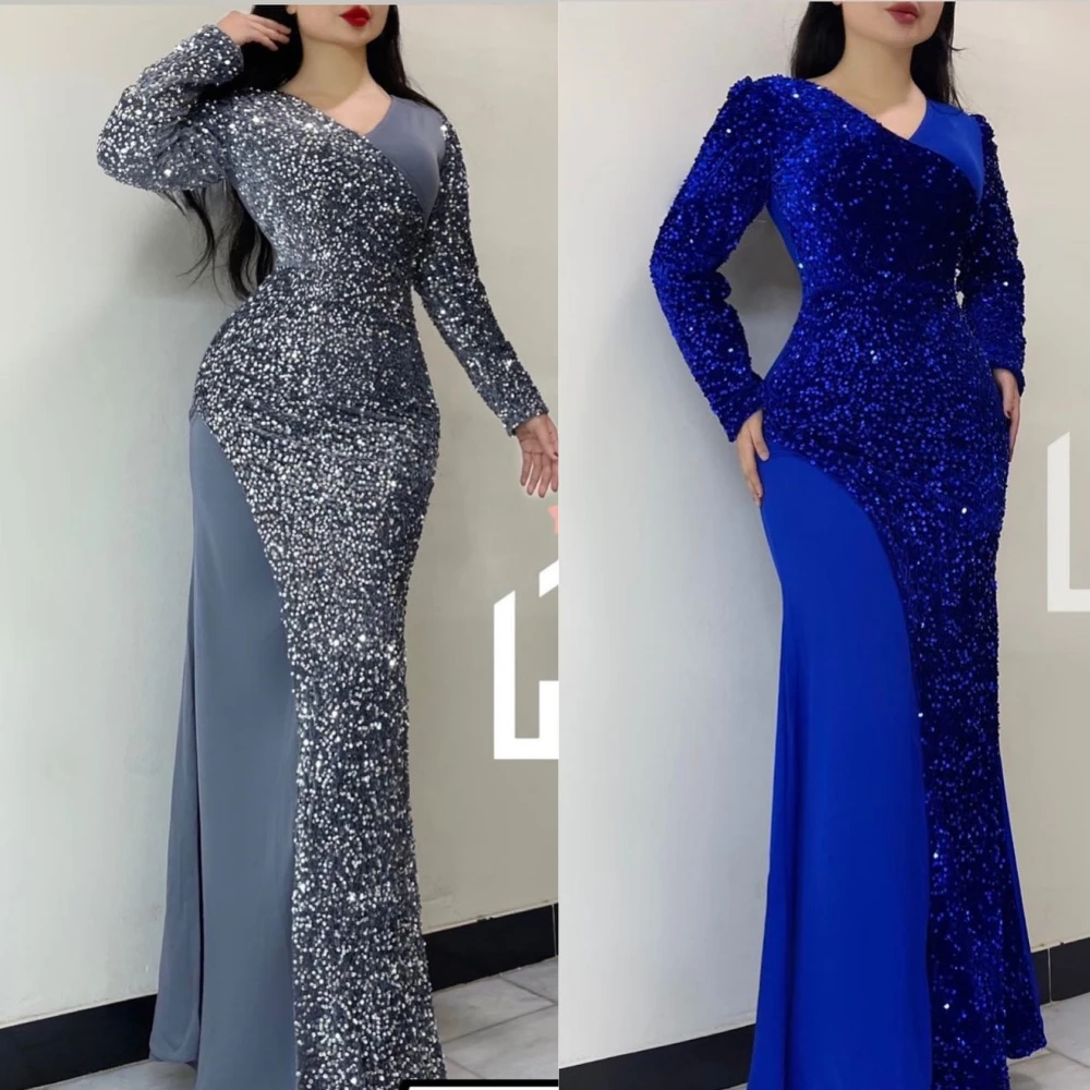 Customized Jiayigong High Quality Exquisite  Mesprit    V-neck Mermaid Evening es Paillette S Floor Length Custom 