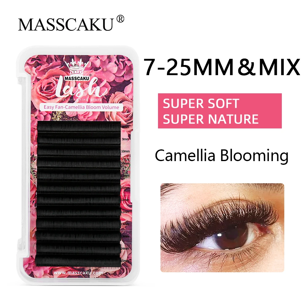 MASSCAKU Super Soft Matte Dark Black Easy Fanning Lashes Russian Silk Fluffy Cashmere Eyelashes Extensions Custom Private Label