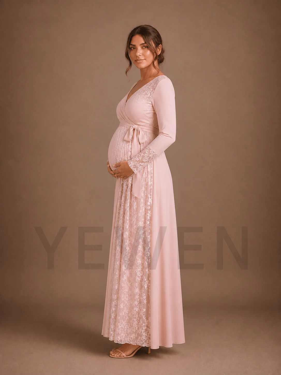 Blush Pink Wrap Maternity Baby Shower Dress V-Neck Gown with Lace Panels ZX022 view 4