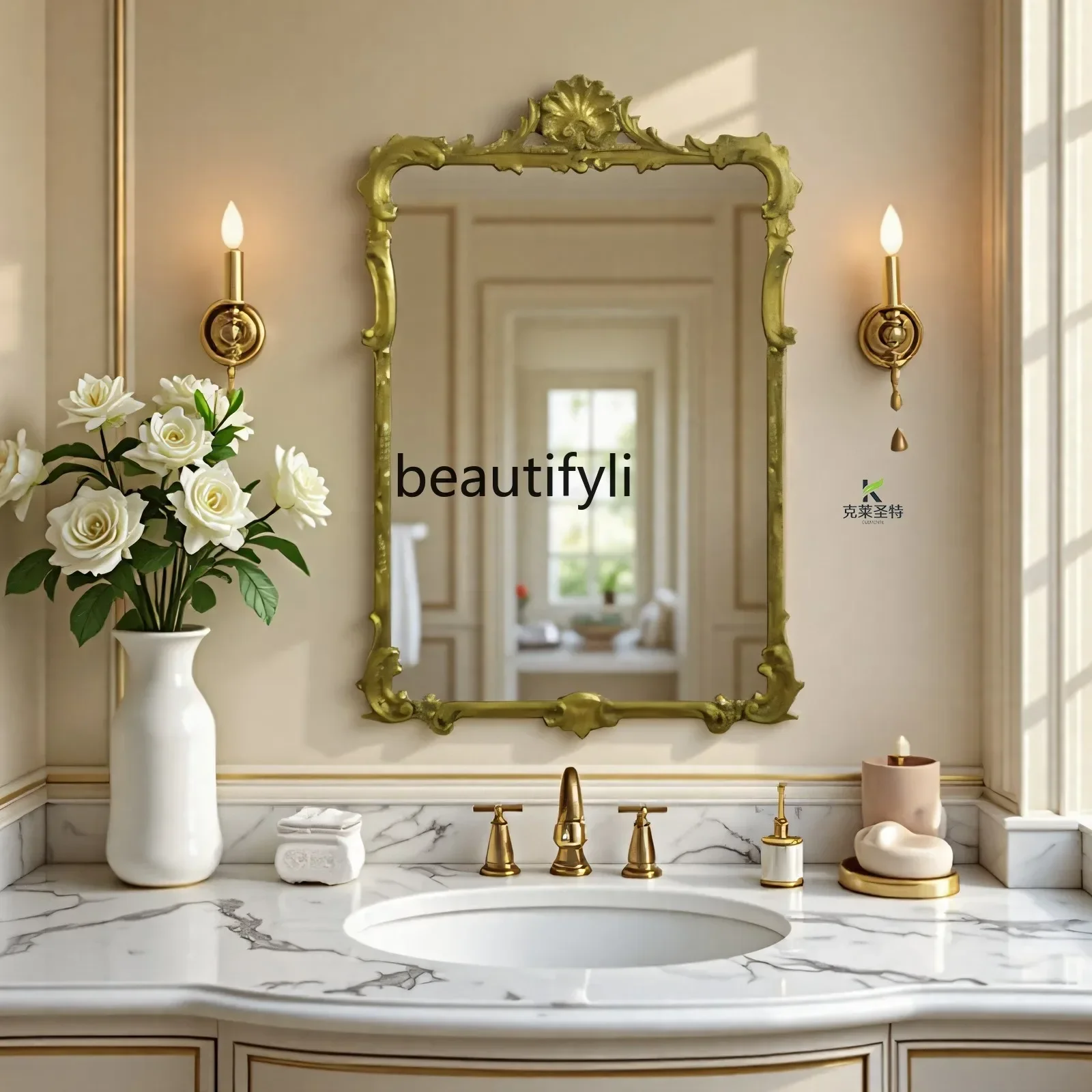 

French retro bathroom mirror wooden carved mirror wall-mounted dressing mirror