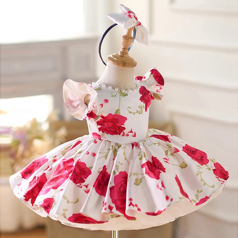 2024 Kids Children Flower Princess Costumes One Year Birthday Princess Banquet Tutu Dress Little Girl's Western-Style Clothes