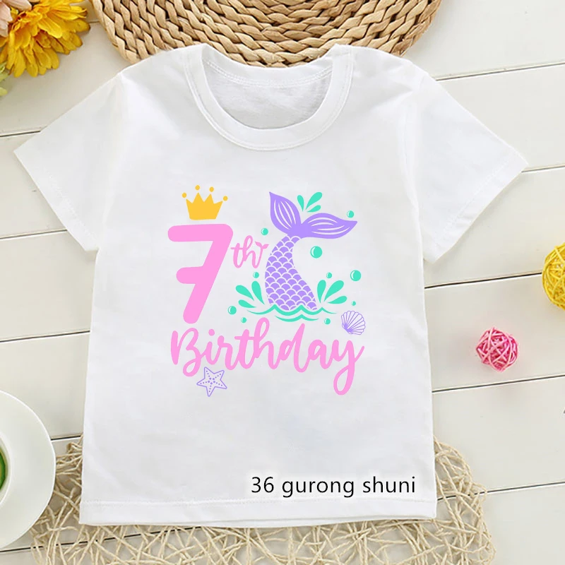 T-Shirt Anak Perempuan Lucu Putri Duyung Nomor Ulang Tahun Cetak 1 2 3 4 5 6 7 8 9 untuk Anak-anak Hadiah Ulang Tahun Pakaian Kaos Bayi Lucu