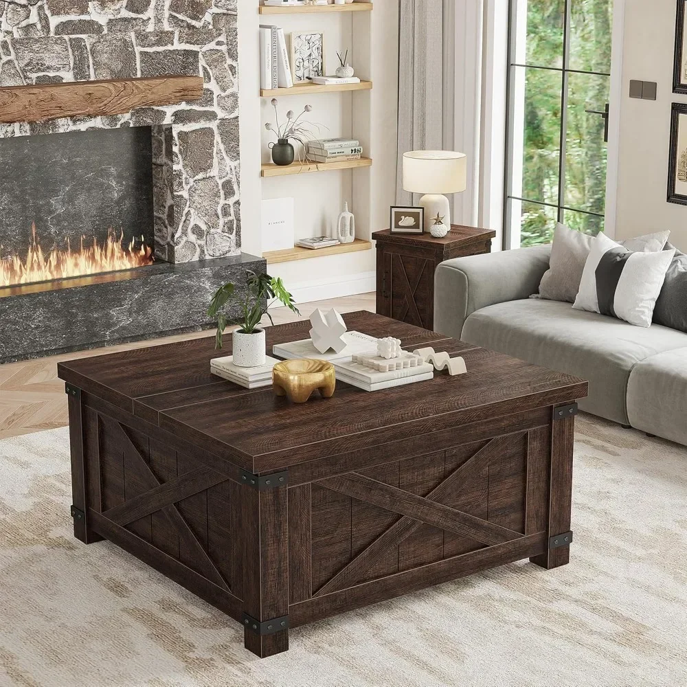 Farmhouse Coffee Table with Storage, 35.5" W Large Square Coffee Table for Living Room, Wood Center Table with Flip-Top Lids