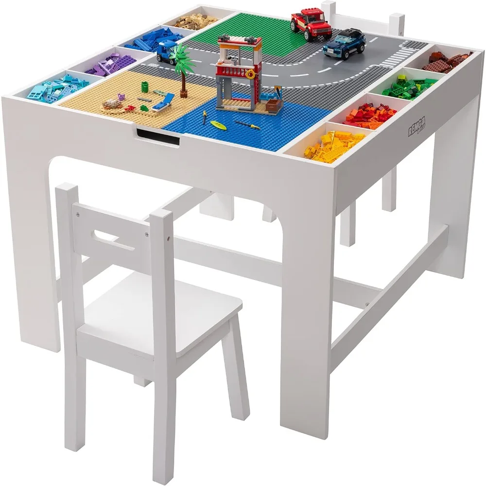 

Kids 2 in 1 Play Table and 2 Chair Set with Storage, Compatible with Lego and Duplo Bricks, Activity Table Playset Furniture