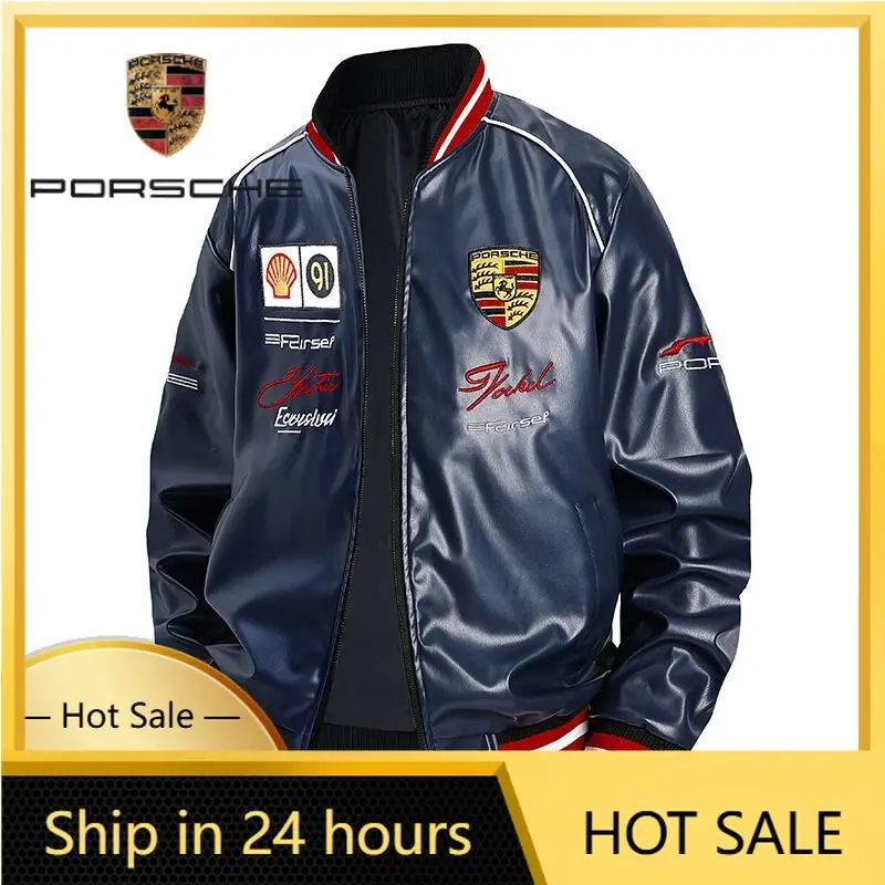 

Car Sticker For Porsche Car Jacket Vintage Racing Suits Motorcycle Stand-up Jackets Men Women Couple Jacket PU Leather Embroide