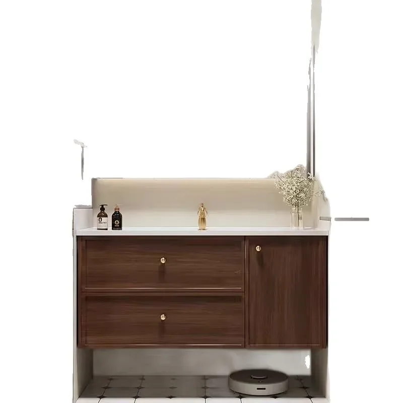 

Medieval style, walnut color, solid wood, bathroom cabinet, combination, ceramic integrated