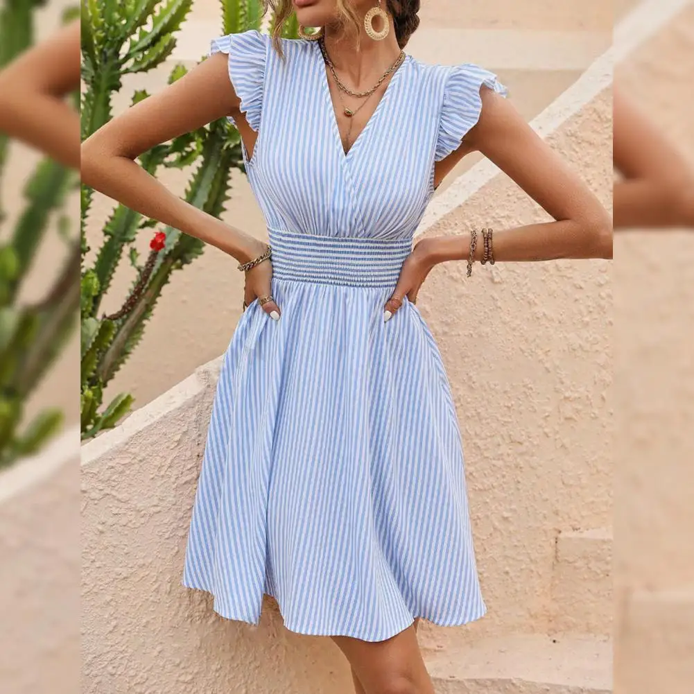 

Women Dress Pleat Detail Dress Elegant Striped Print V Neck Mini Dress with Ruffle Hem for Women Summer A-line with for Dating