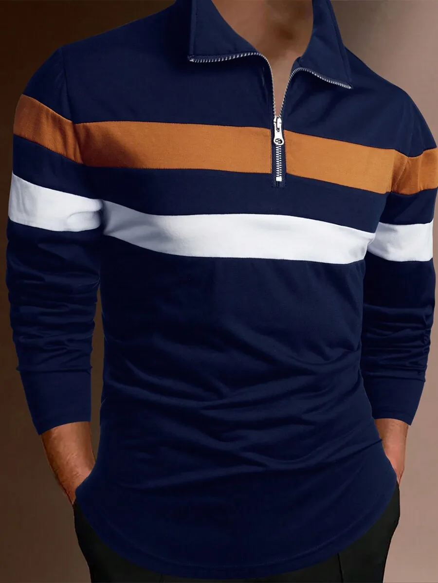 

Men's Half-Zip Long Sleeve Striped Casual Shirt with Contrast Bands