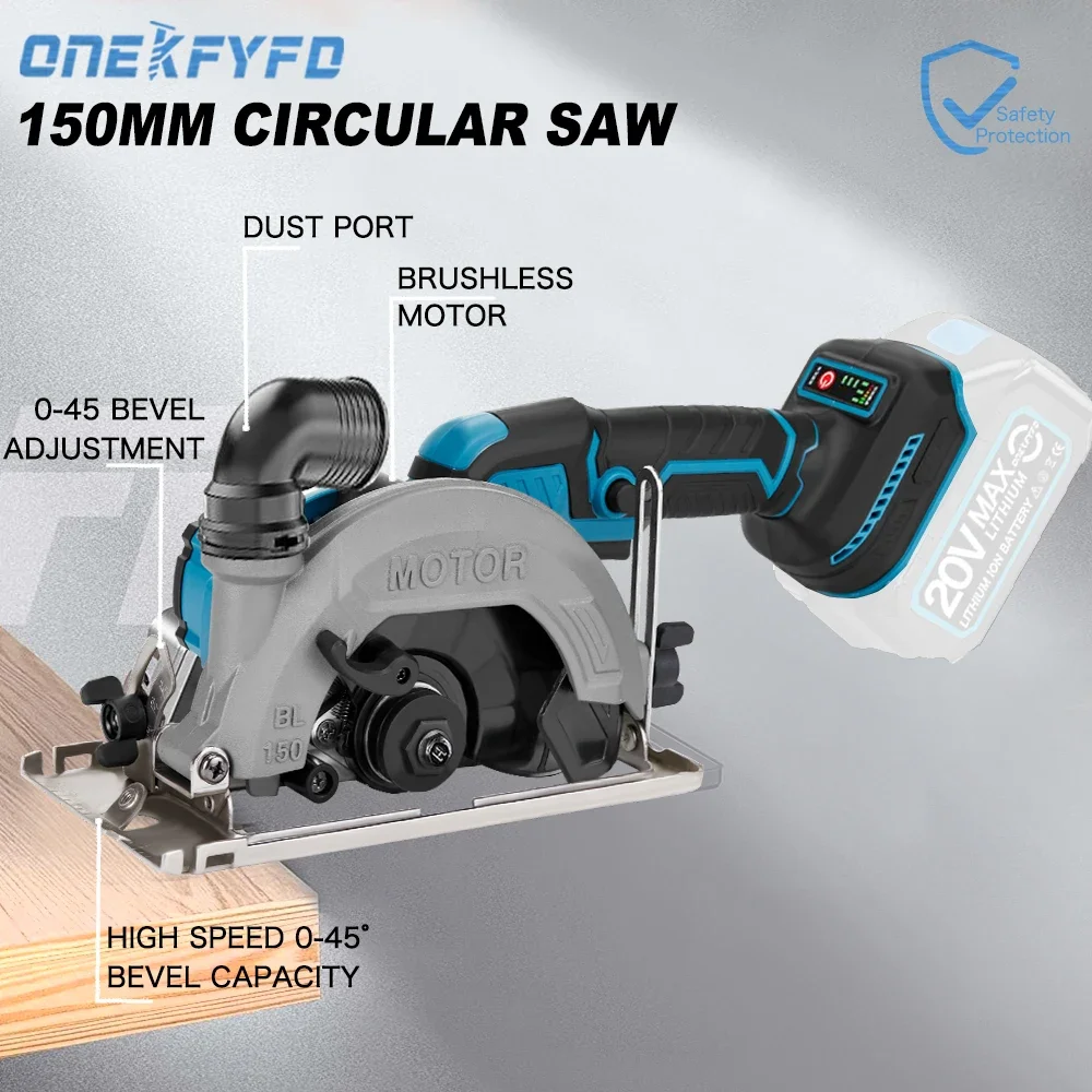 Brushless Circular Saw 6inch Electric Saw 0-45° Adjustable Wood Cuttiing Machine Power Woodworking Tool for Makita (no Battery)