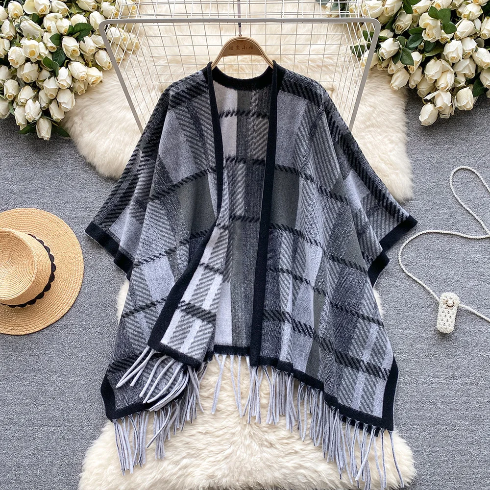 Croysier Cardigans For Women 2023 Elegant Vintage Checked Shawl Cardigan Fringed Hem Loose Casual Knitted Cape Sweater Coat