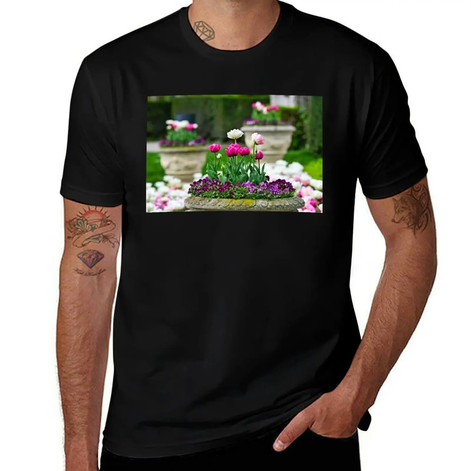 

Tulip flowers in stone vases,Volksgarten public park springtime,Vienna T-Shirt Anime t-shirt funny shirt cotton outfits for men