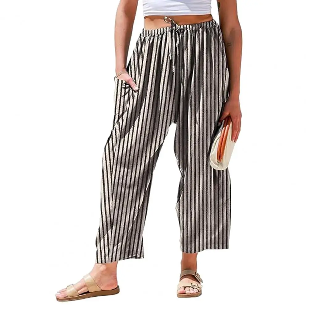 Women Pants Elastic Waist Pants Women’s Wide Leg Pants with Elastic Waist Striped Trousers with Pockets Comfortable Work